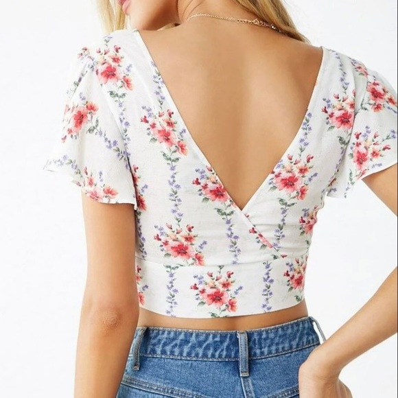 Forever 21 White Floral Wrap Tie Crop Top Blouse Ruffle Women’s Summer Spring - Picture 4 of 11